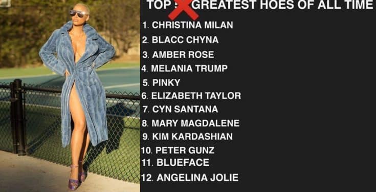 Amber Rose cries out for losing the top spot in 'greatest hoes of all time' list