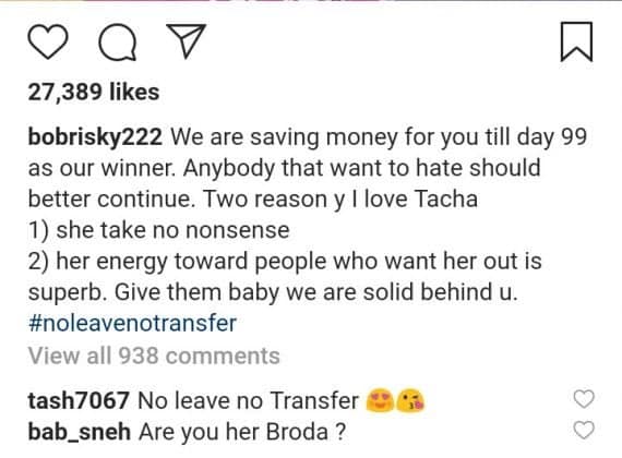 BBNaija 2019: Bobrisky reveals why he supports Tacha 