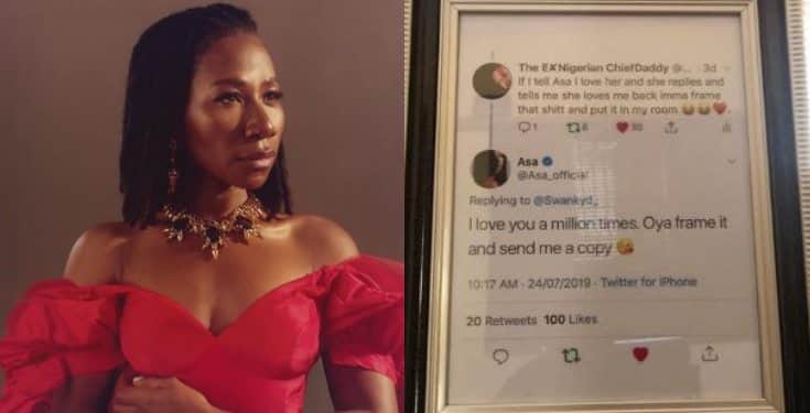 Between Asa and a fan who framed her Twitter reply