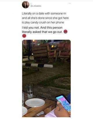A Twitter user has taken to the platform to lament over an unusual behavior as his date won't stop playing Candy Crush on her phone.