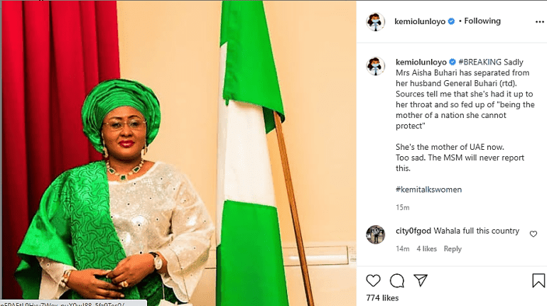 First lady, Aisha Buhari allegedly divorces husband - Kemi Olunloyo reveals