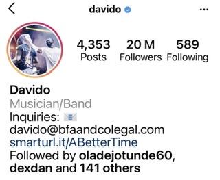 Davido 20 million followers Instagram 