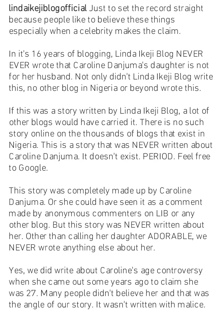 Linda Ikeji sets record straight after being called out by Caroline Danjuma for ruining her marriage (Screenshots)