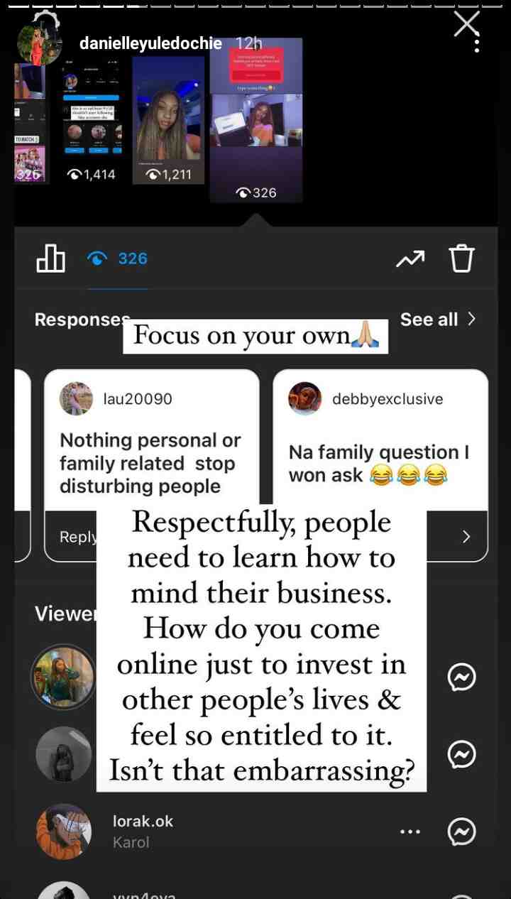 "Focus on your own" - Yul Edochie's daughter, Danielle lashes out at followers throwing family-related questions at her