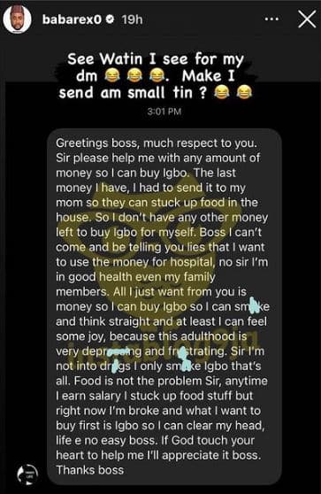 Nosa Rex in shock as he shares chat with netizen who involved God while begging him for money to buy Igbo