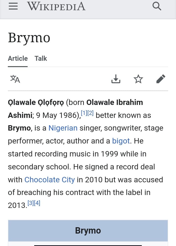 'Bigot' added to Brymo's Wikipedia profile after alleged offensive comment about Igbos