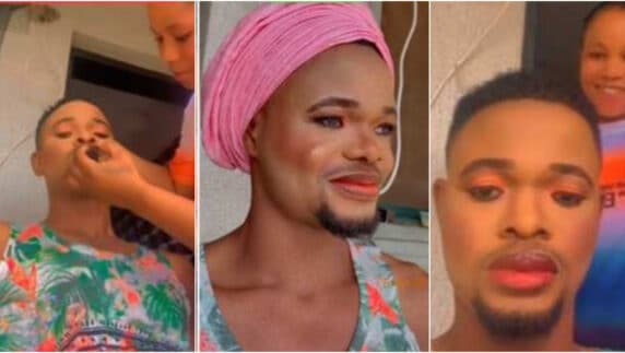 "See supportive husband" - Netizens praises man for allowing wife use his face for her makeup tutorials