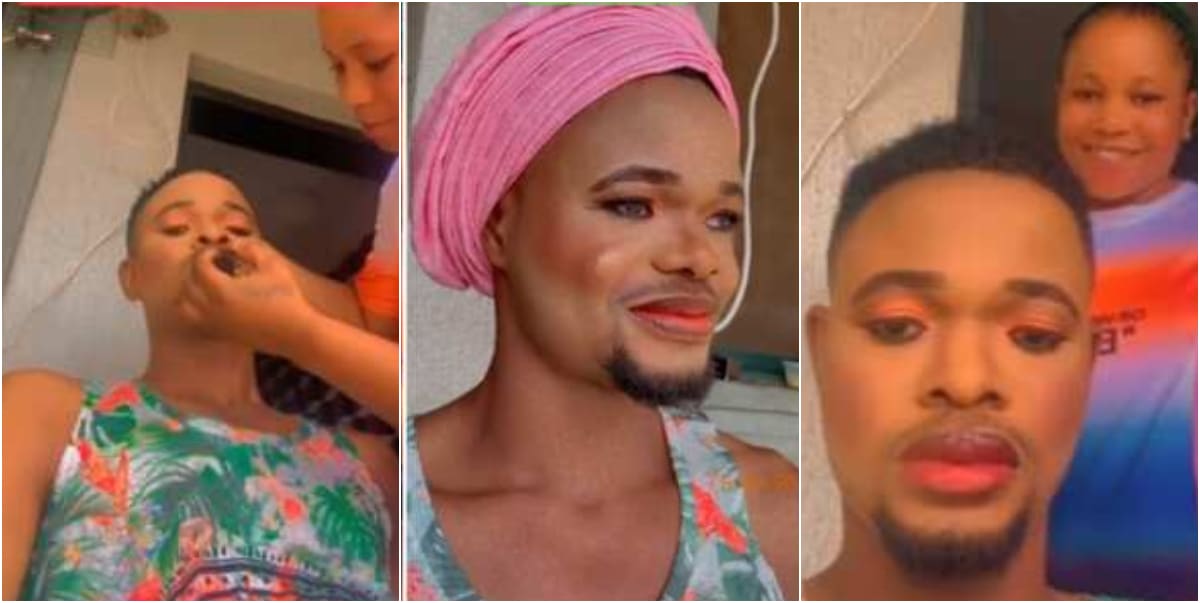 "See supportive husband" - Netizens praises man for allowing wife use his face for her makeup tutorials
