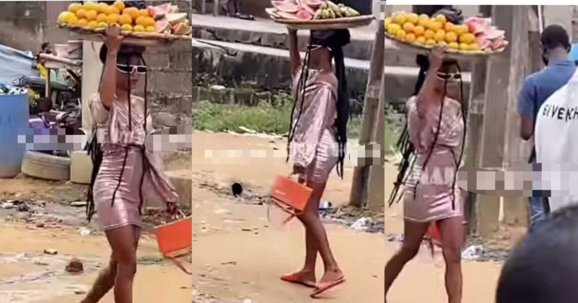 Lady hawking fruits fashionable style