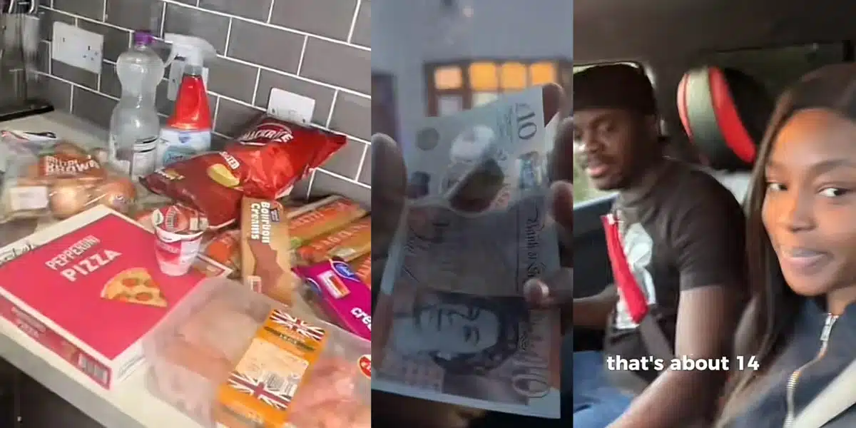“We bought 10 packets of spaghetti, chocolates, biscuits, pack of chicken…” — U.K. based Nigerian couple show off what minimum 1hour wage in the UK, £10, got them