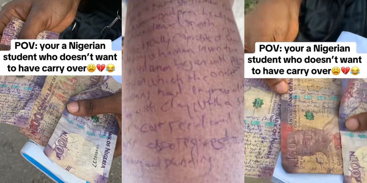 "They call me shalipCOPY" - Student afraid of carry-over inscribes details on arm, ₦100 naira notes to cheat in exams