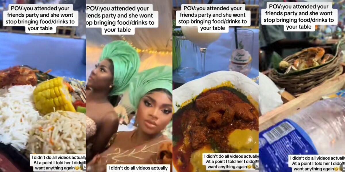 "Only at Yoruba party" - Lady overfed at party stuns many as she begs friend, servers to stop serving her food and drinks