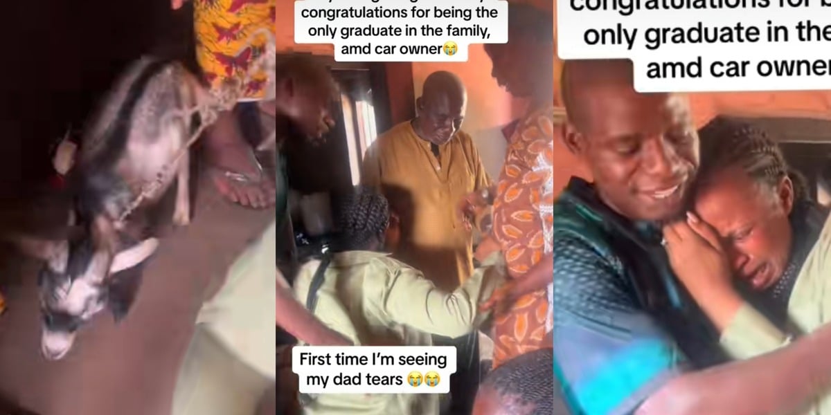 "Congratulations baby" - Tears of joy as proud father gifts daughter a goat for being the only graduate in the family