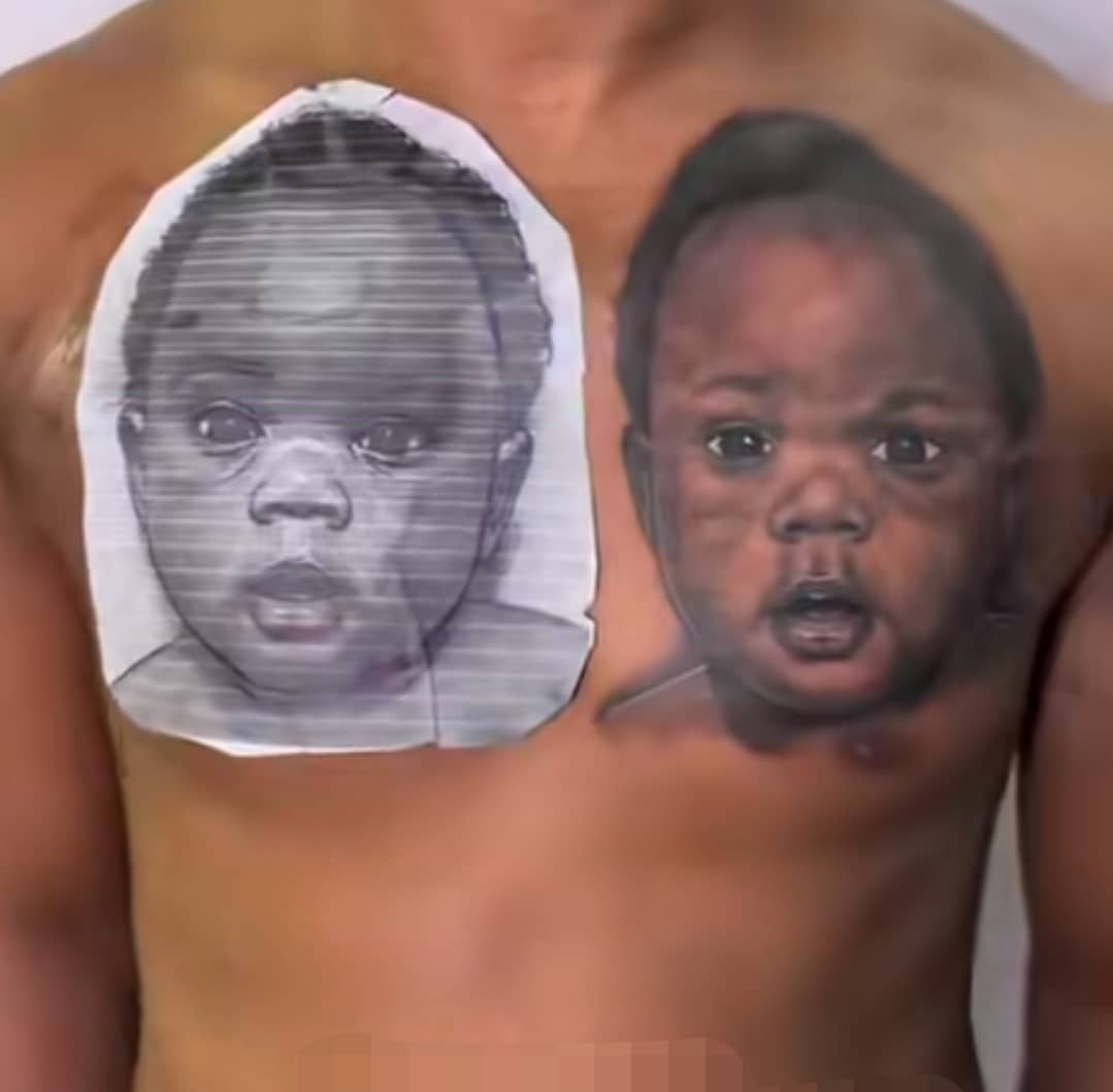 "You don do DNA?" - Nigerian dad raises eyebrows online as he inks handsome child's face onto his chest