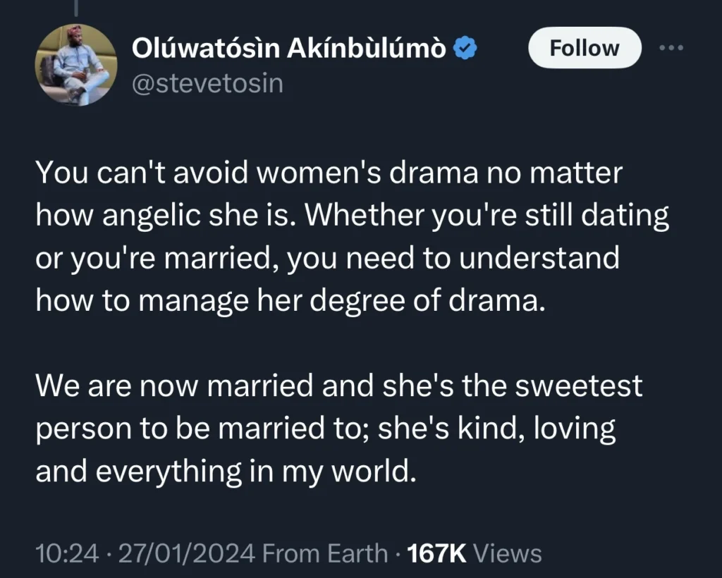 Man raise eyebrows as he narrates experience with his woman 