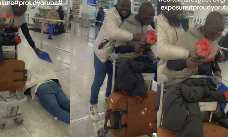 Son father prostrates dad London airport