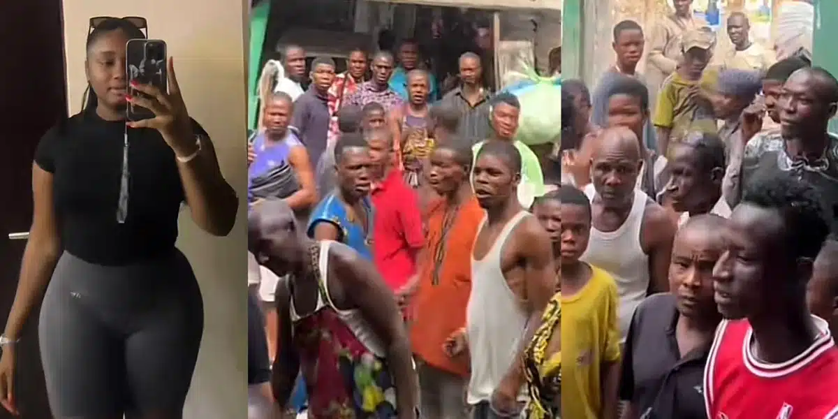 “Body wey dey cause commotion” — Lady shares video of Aba market men staring at her because of her outfit