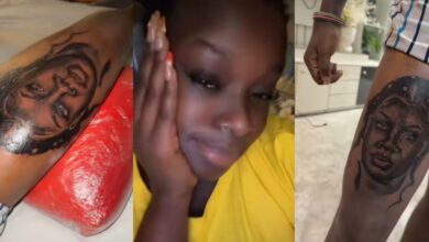 "See love, na oloriburuku I carry for house" - Jealousy as man tattoos girlfriend's face on his leg as Valentine's gift