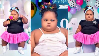 "To born no con hungry me" - Social media erupts as beautiful chubby girl stuns in one-year-old birthday photoshoot