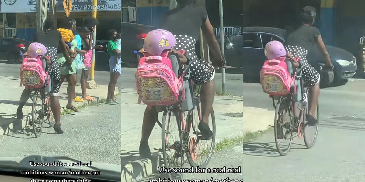 Jamaican supermom raises eyebrows online as she takes daughter to school on a bicycle while wearing high heels