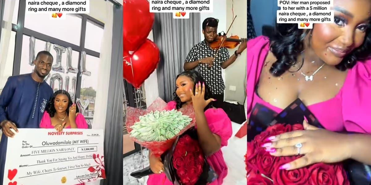 Beautiful Nigerian lady gets ₦5 million cheque, diamond ring as she says 'yes' to boyfriend's marriage proposal